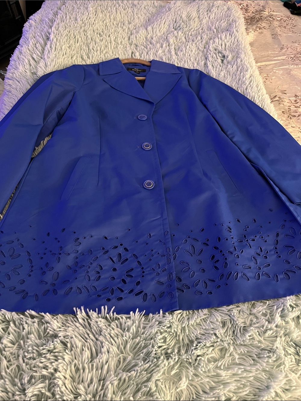 DENNIS BASSO Royal Blue Laser-Cut Hem Trench Coat NEW S